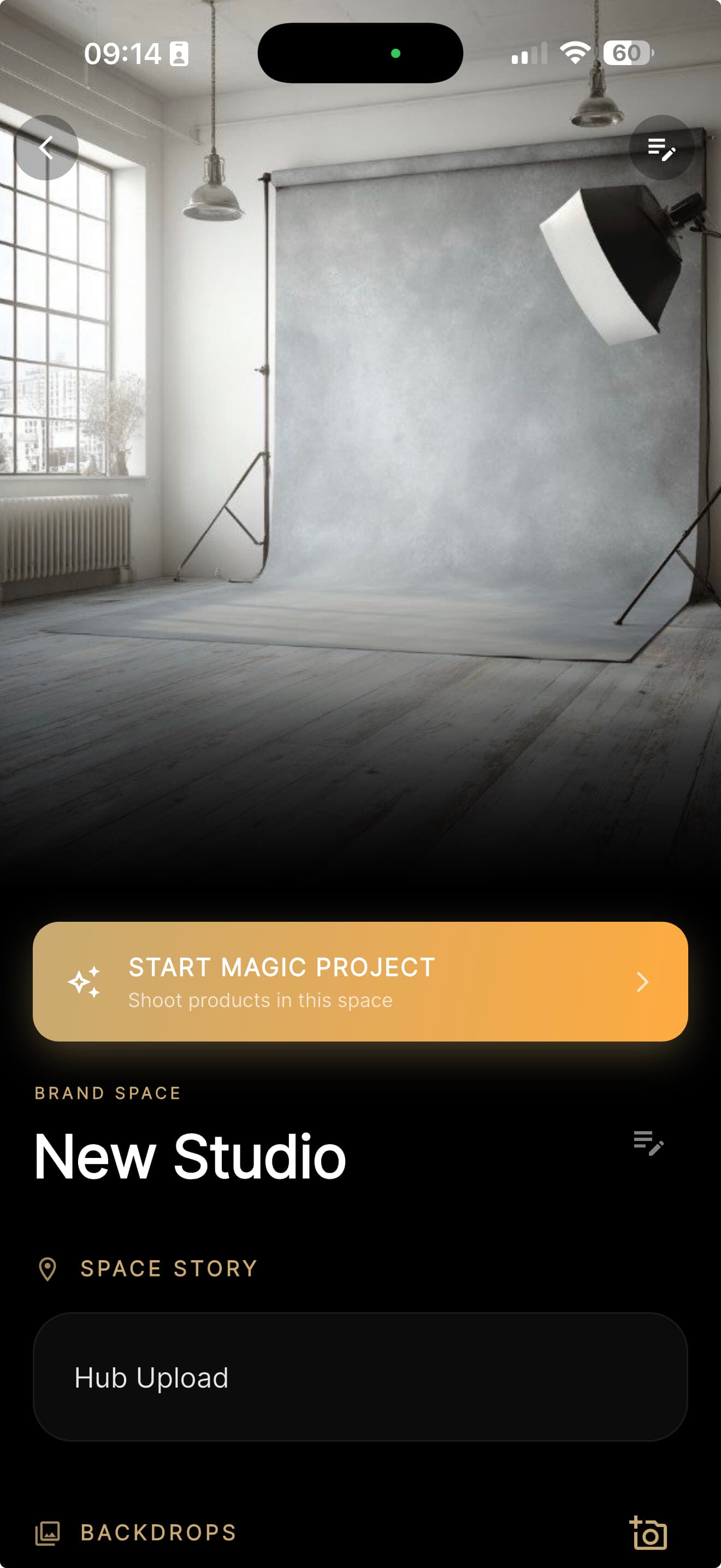 The Shoppermo Studio spaces screen: an empty studio backdrop and lighting setup, ready to shoot in, with a Start Magic Project action.